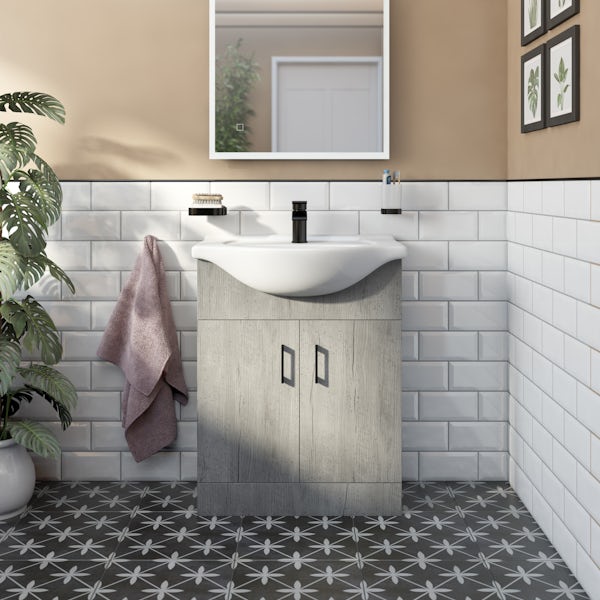 Orchard Lea concrete floorstanding vanity unit with black handle and ceramic basin 650mm