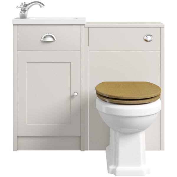 The Bath Co. Dulwich stone ivory cloakroom combination with oak effect seat