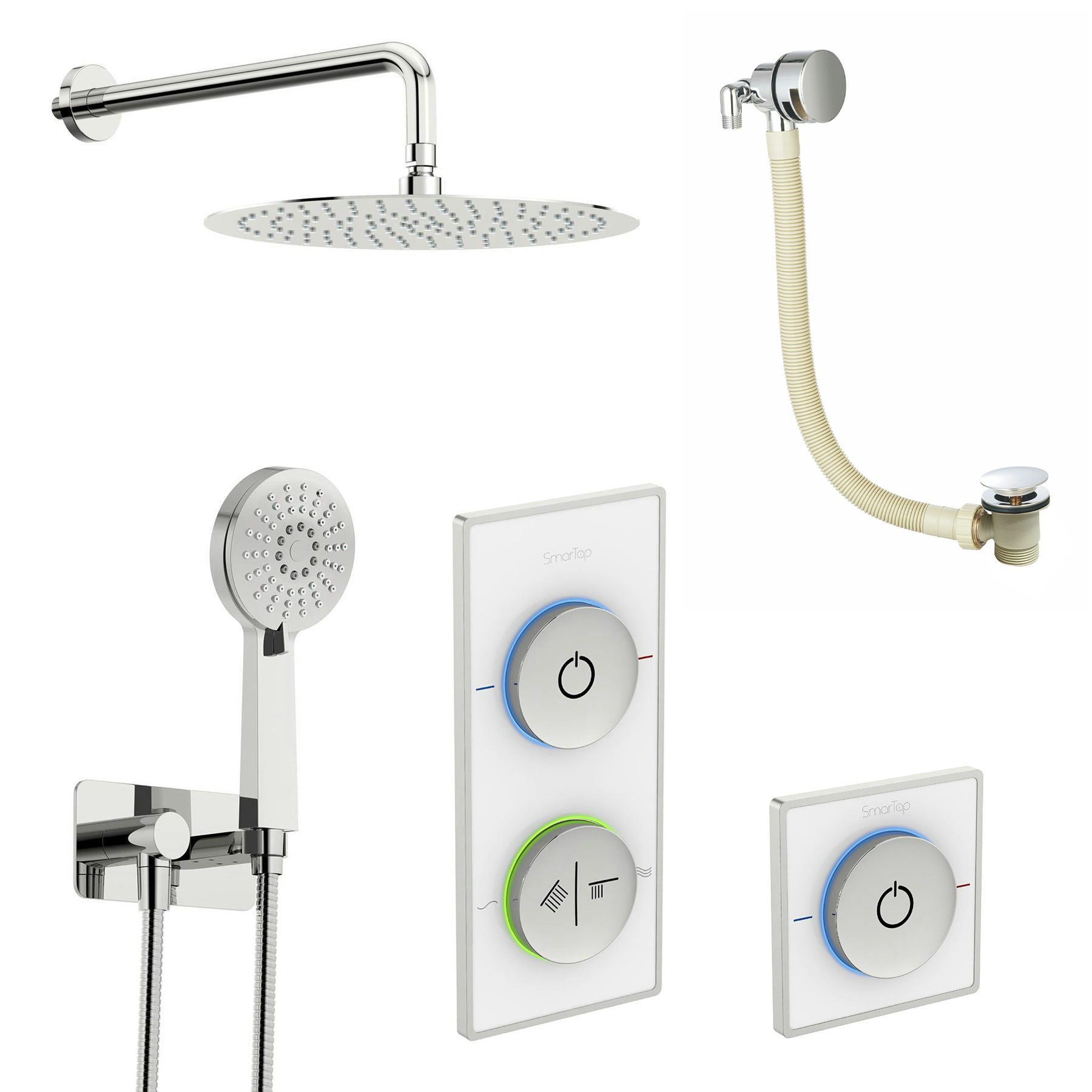 SmarTap white smart shower system with complete round wall shower outlet bath set