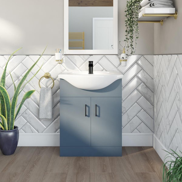 Orchard Lea ocean blue floorstanding vanity unit with black handle and ceramic basin 650mm