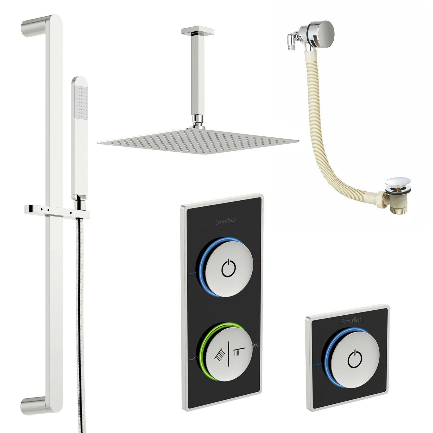 SmarTap black smart shower system with complete square ceiling shower bath set
