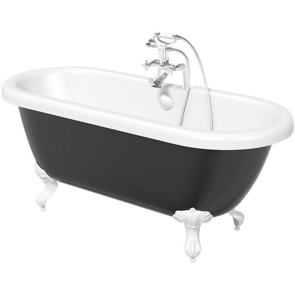 The Bath Co. Dulwich black roll top bath with white ball and claw feet offer pack