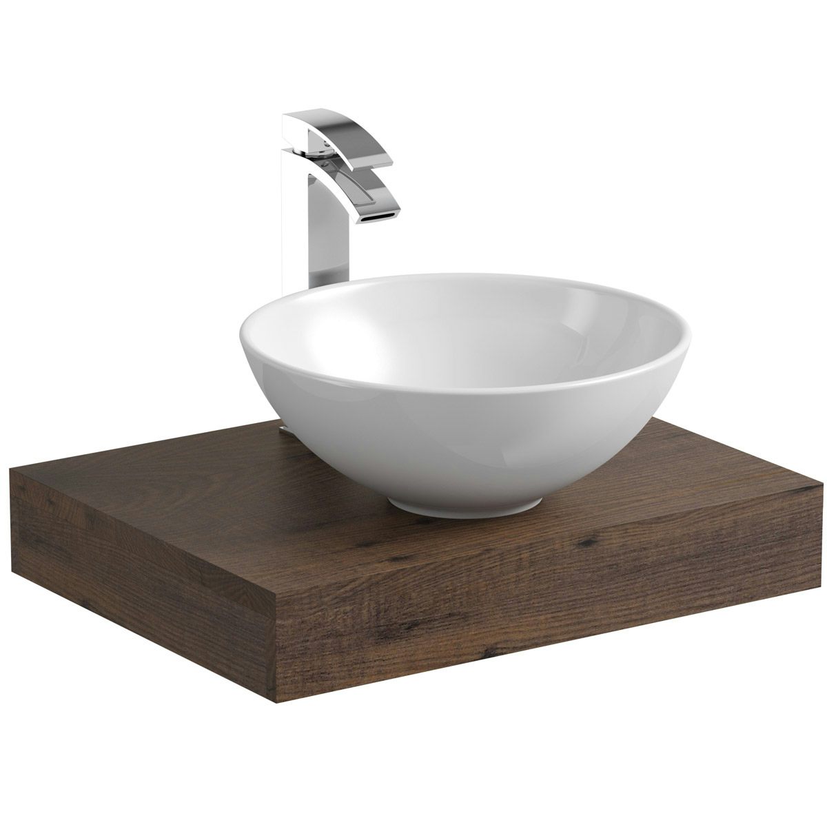 Mode Orion chestnut countertop shelf 600mm with Derwent countertop basin, tap and waste