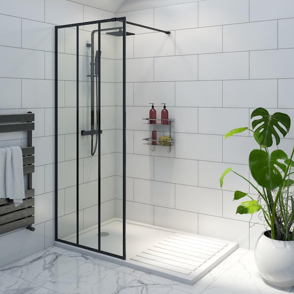 Mode 8mm black framed rectangle pattern panel with walk in shower tray
