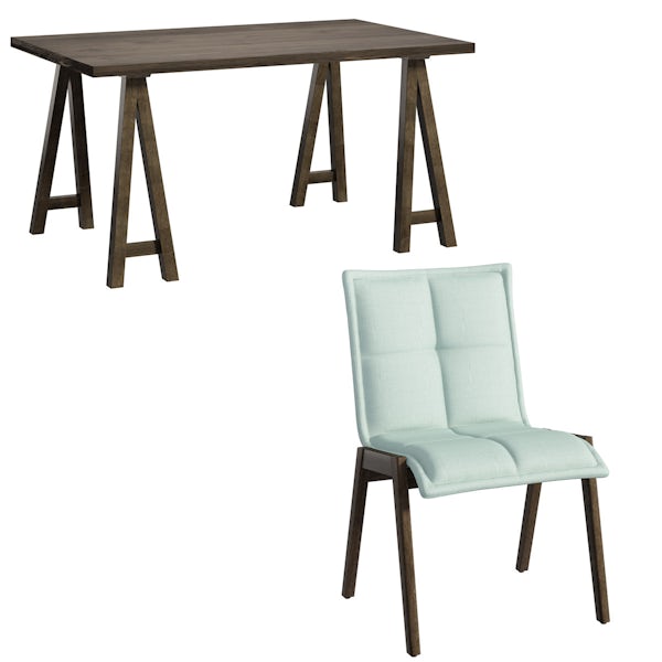 Hudson walnut trestle table with 4 x Hadley light cyan dining chairs