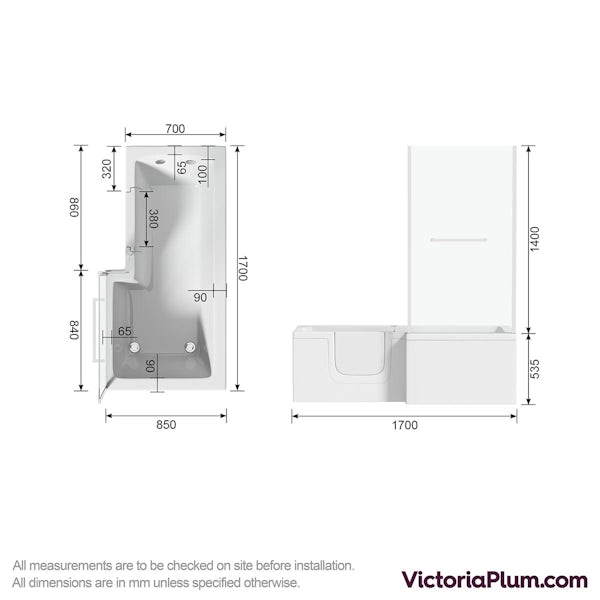 Orchard walk in L shaped shower bath with easy access left handed door and screen 1700 x 700