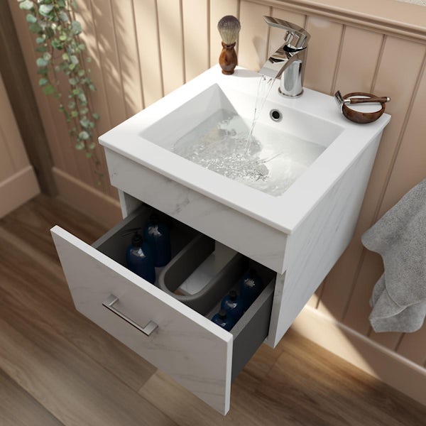 Orchard Lea marble wall hung vanity unit 420mm and Derwent square close coupled toilet suite