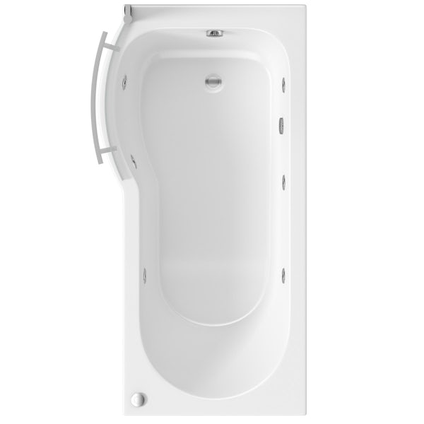 P shaped left handed 6 jet whirlpool shower bath with front panel and screen
