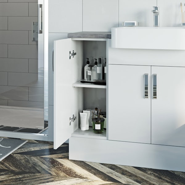 Reeves Nouvel gloss white small fitted furniture & storage combination with pebble grey worktop