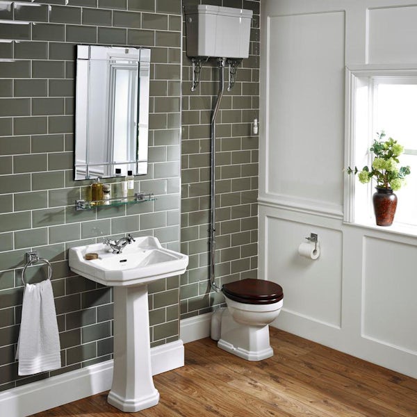 Ideal Standard Waverley high level toilet with mahogany seat and 1 tap hole full pedestal basin