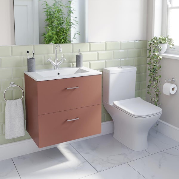 Orchard Lea tuscan red wall hung vanity unit 600mm and Derwent square close coupled toilet suite