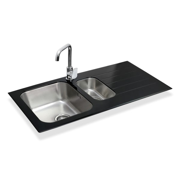 Bristan Gallery glacier black glass easyfit kitchen sink 1.5 bowl with left drainer