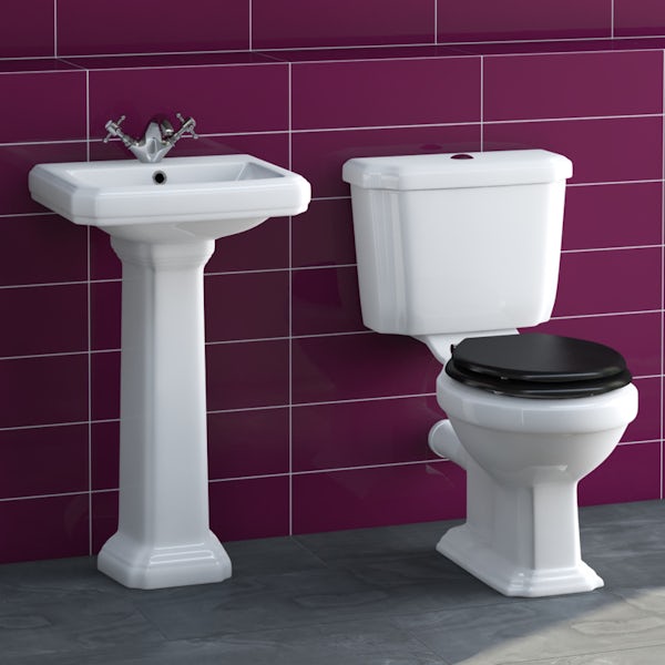 The Bath Co. Dulwich cloakroom suite with black seat and full pedestal basin 571mm
