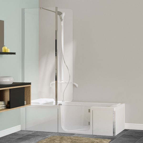 Kineduo right handed shower bath with screen and white panel 1700 x 750