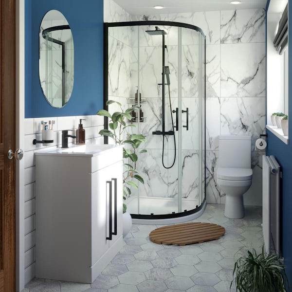 Orchard 6mm matt black quadrant shower enclosure suite 800 x 800 with vanity unit and close coupled toilet