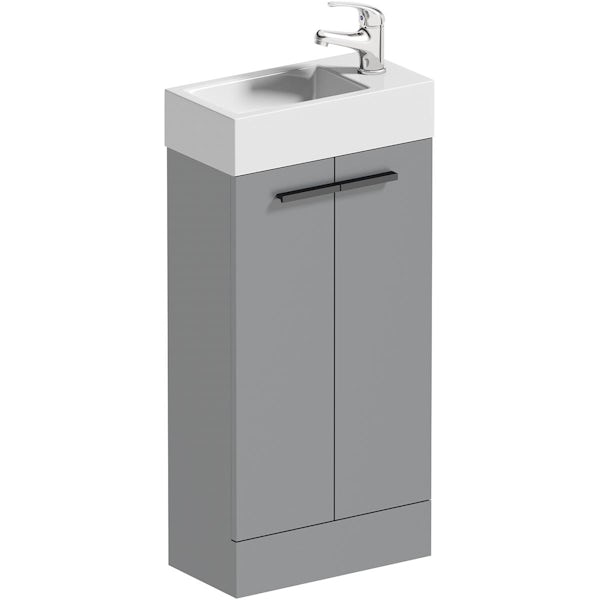 Clarity satin grey wall hung vanity unit with black handle and ceramic basin 600mm