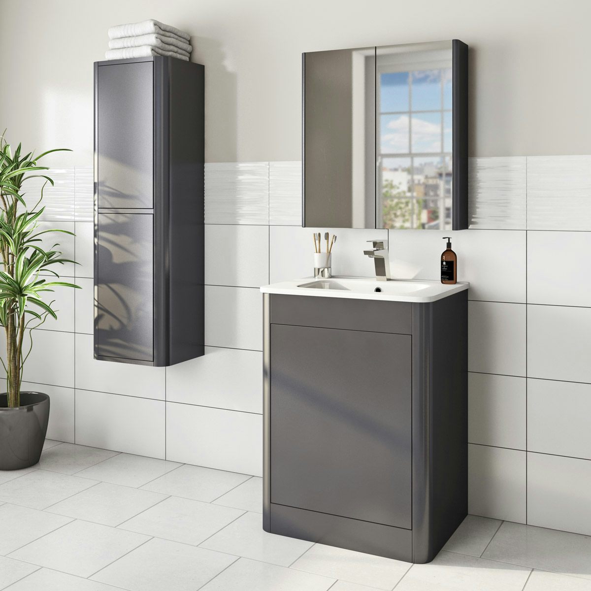 Mode Carter slate gloss grey furniture package with floorstanding vanity unit 600mm