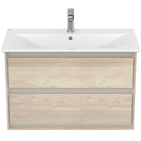 Ideal Standard Concept Air wood light brown wall hung vanity unit and basin 800mm