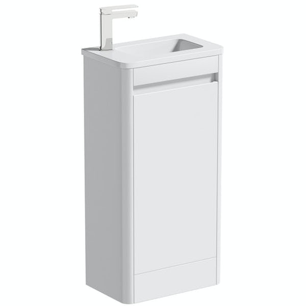 Mode De Gale compact white floorstanding vanity unit left hand with compact close coupled toilet