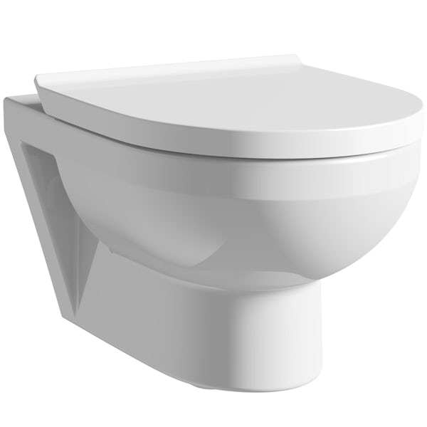 Duravit Durastyle Basic rimless wall hung toilet with soft close seat, wall mounting frame with push plate cistern