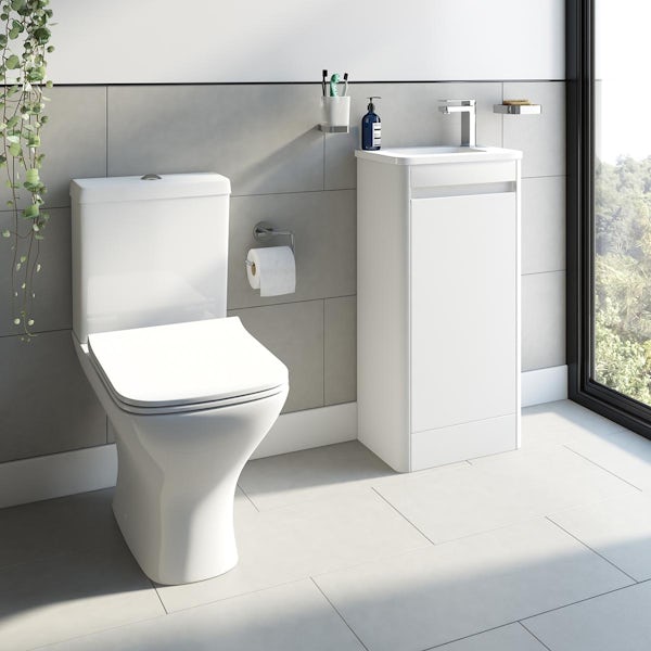 Mode De Gale compact white floorstanding vanity unit right hand with compact close coupled toilet