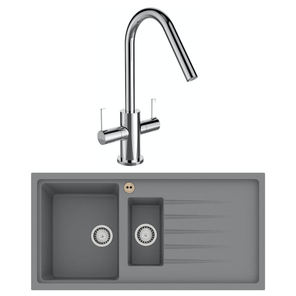 Bristan Gallery quartz right handed dawn grey easyfit 1.5 bowl kitchen sink with Melba black tap