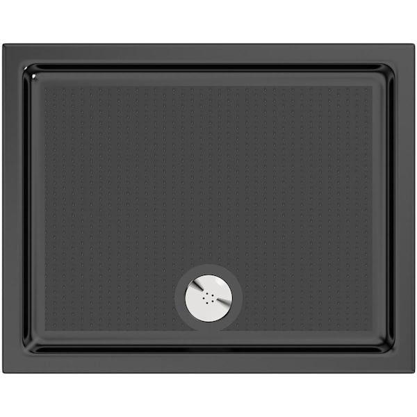 Mode 8mm matt black hinged shower enclosure with black anti slip shower tray