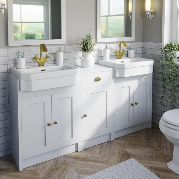 Orchard Dulwich matt white floorstanding double vanity unit and Eton basin with storage combination - brushed brass