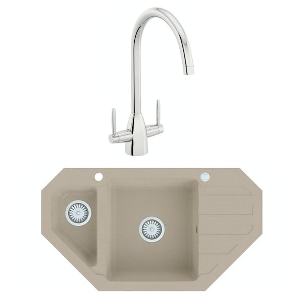 Schon Otranto Sand beige 1.5 bowl right hand kitchen sink with Schon dual lever kitchen tap