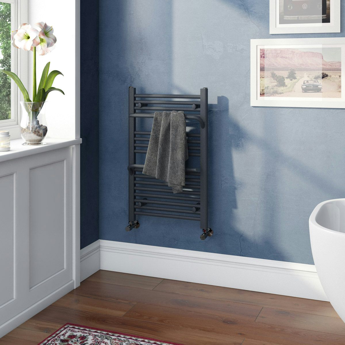 The Heating Co. Rohe anthracite grey heated towel rail with hangers