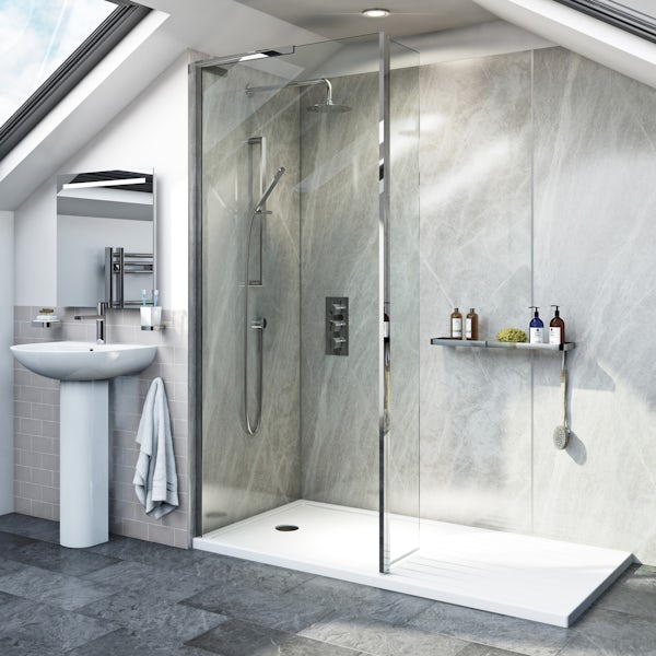 Mode 8mm walk in shower enclosure pack with hinged return panel and walk in shower tray
