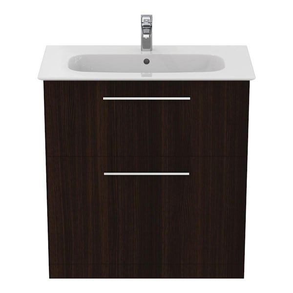 Ideal Standard i.life A coffee oak floorstanding vanity unit with 2 drawers and brushed chrome handles 840mm