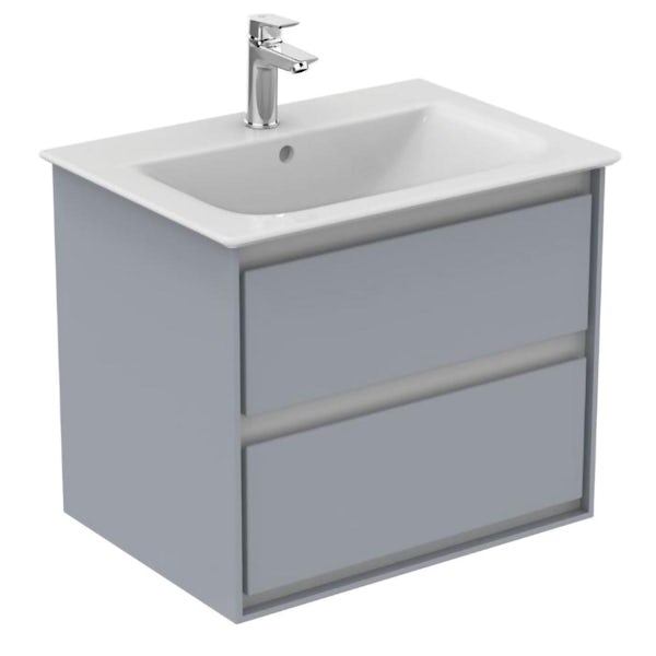 Ideal Standard Connect Air gloss light grey and matt white wall hung vanity unit and basin 600mm