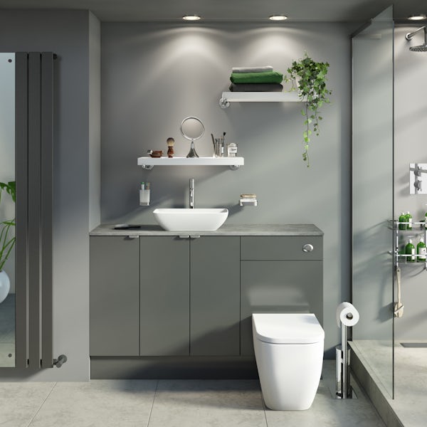 Reeves Wyatt onyx grey small fitted furniture combination with pebble grey worktop and countetop basin