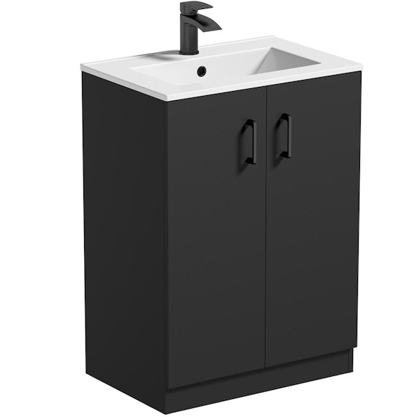 Orchard Lea soft black floorstanding vanity unit with black handle and ceramic basin 600mm