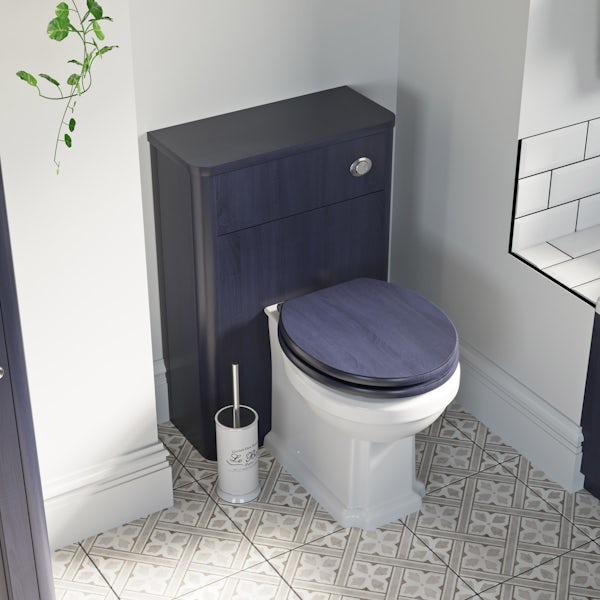 The Bath Co. Traditional back to wall toilet with sapphire blue soft close seat, concealed cistern and push plate