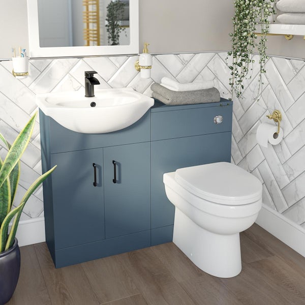 Orchard Lea ocean blue furniture combination with black handle and Eden back to wall toilet with seat
