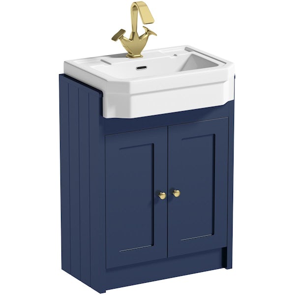 Orchard Dulwich navy floorstanding vanity unit and Eton semi recessed basin 600mm - brushed brass