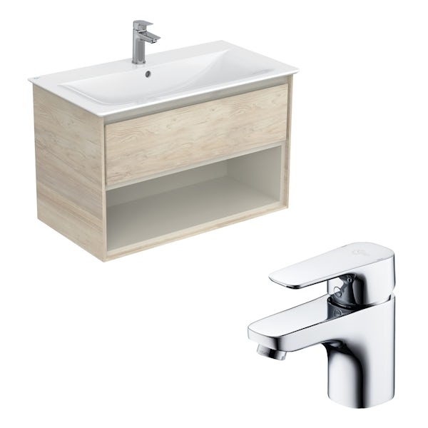 Ideal Standard Concept Air wood light brown open wall hung vanity unit and basin 800mm with free tap