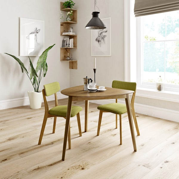 Harrison Oak Apartment Table with 2x Harrison green chairs