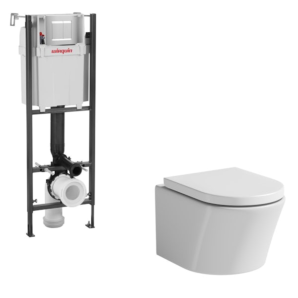 Mode Tate wall hung toilet with soft close seat and wall mounting frame with push plate cistern