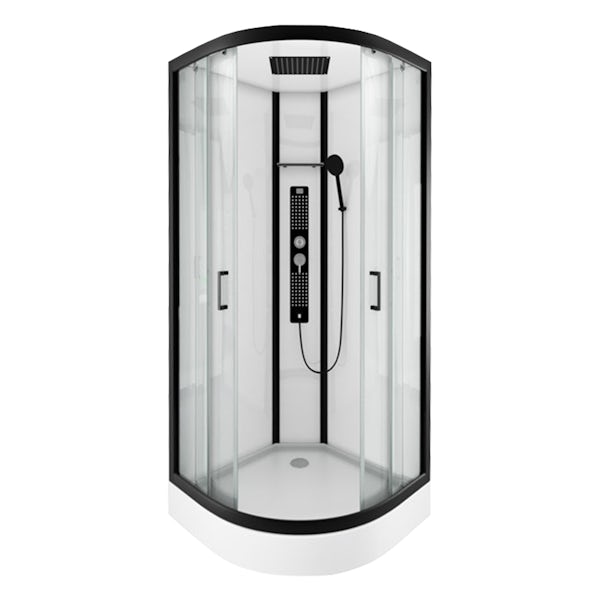Insignia Monochrome black framed quadrant hydro-massage shower cabin 900 x 900