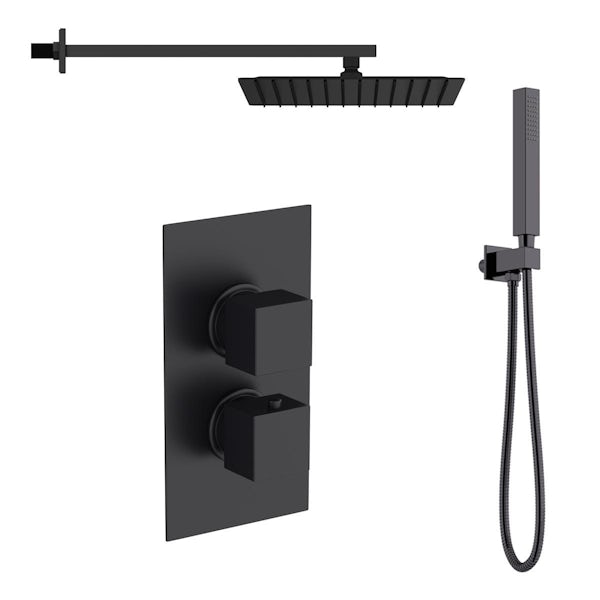 Orchard bathrooms matt black square wall shower, handset and thermostatic twin valve set