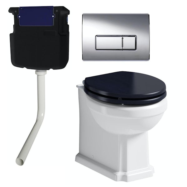 The Bath Co. Traditional back to wall toilet with sapphire blue soft close seat, concealed cistern and push plate