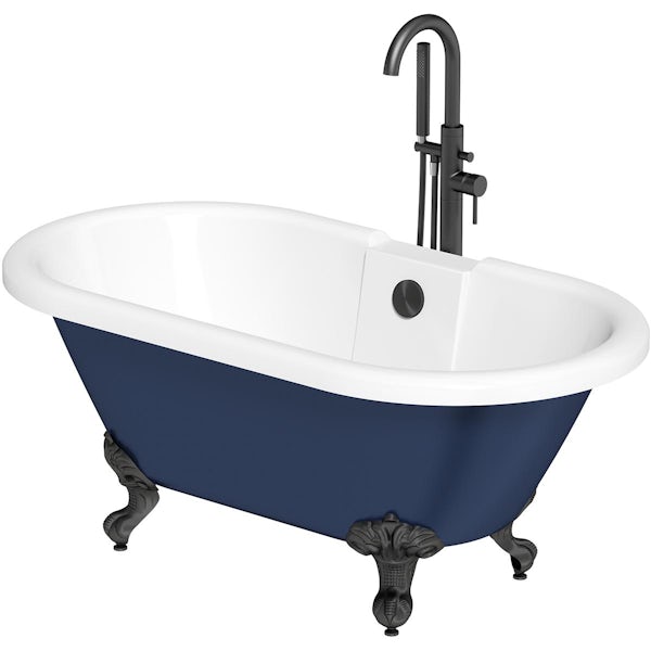 Orchard Dulwich navy double ended roll top bath and tap pack with matt black ball and claw feet