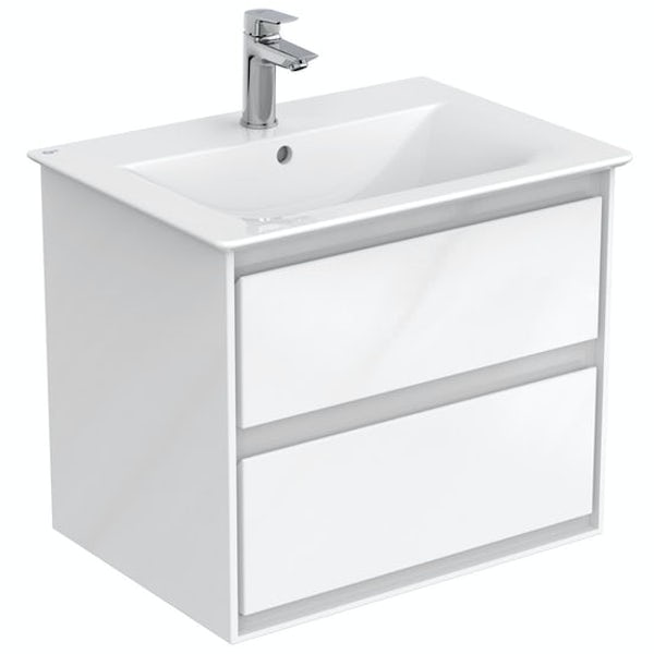 Ideal Standard Concept Air gloss and matt white vanity unit with open back close coupled toilet with free tap