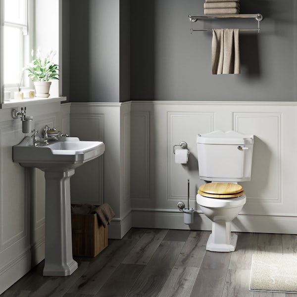 The Bath Co. Winchester complete cloakroom suite with oak effect seat and full pedestal basin 600mm