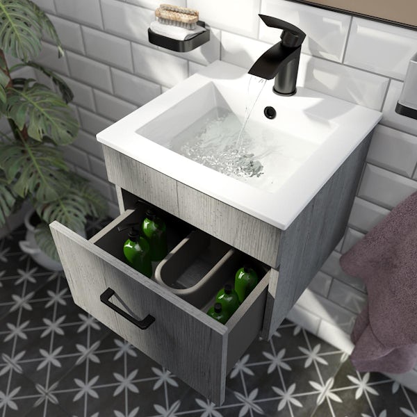 Orchard Lea concrete wall hung vanity unit with black handle and ceramic basin 420mm