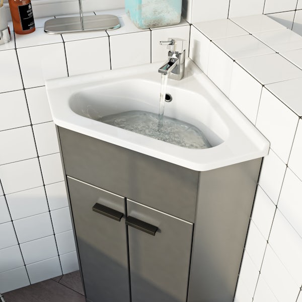 Clarity satin grey floorstanding vanity unit with black handle and ceramic basin 600mm