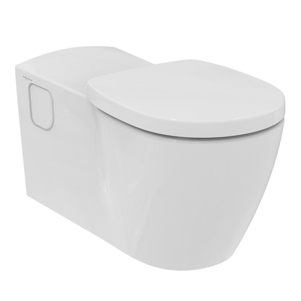 Armitage Shanks Edit Assist elongated wall hung toilet and seat with side inlet pneumatic cistern and stainless steel flush plate